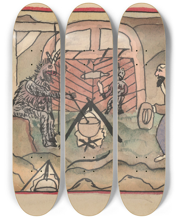 Triptych art skateboard deck of Jn Novk Scna S Ertom Pri Kotlku by Jan Novak (1921-1944)