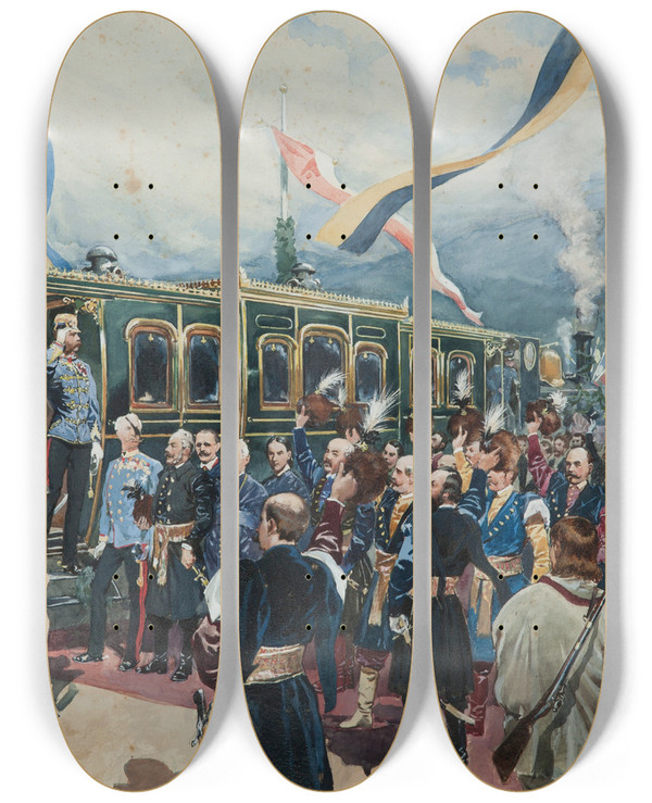 Triptych art skateboard deck of Wojciech Kossak Farewell Of The Emperor In Upkw by Wojciech Kossak (1857-1942)