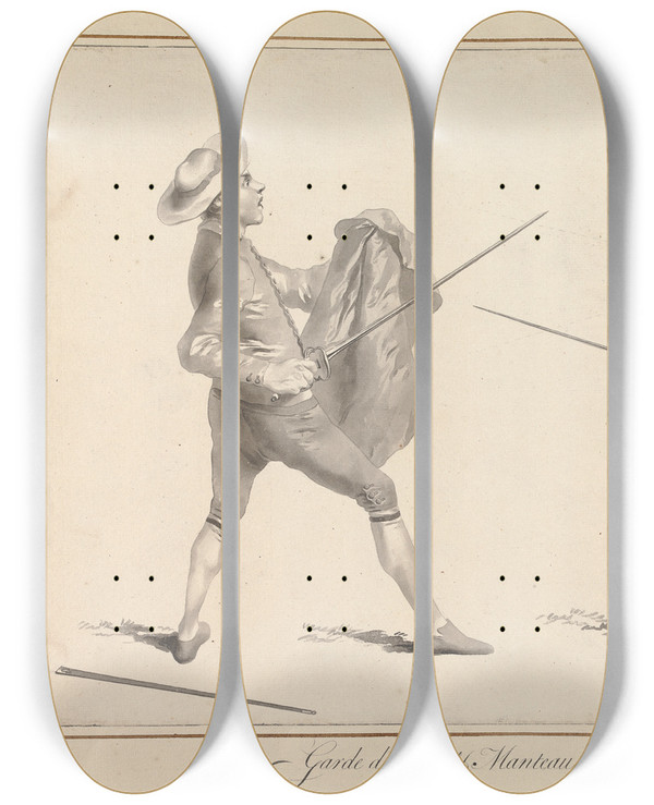 Triptych art skateboard deck of James Gwin Garde De Lepe Manteau Attaque Par Lepe Lanterne by James Gwin (1720-1769)