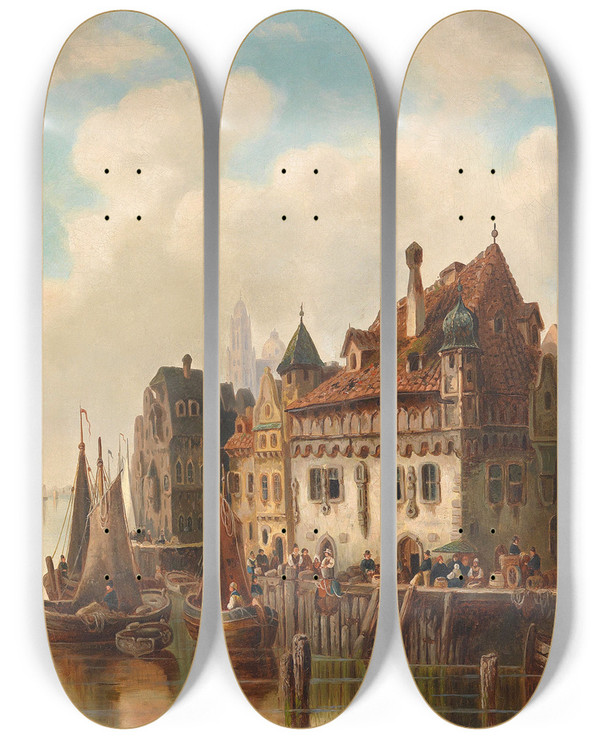 Triptych art skateboard deck of Ludwig Hermann Stadt Am Fluss by Ludwig Hermann (1812-1881)