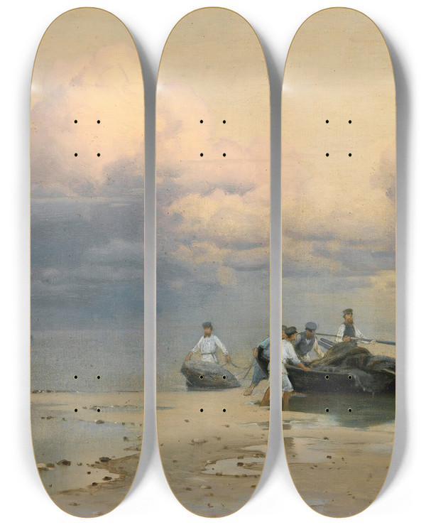 Triptych art skateboard deck of Julius Sergius Klever The Fishermens Return by Julius Sergius Klever (1850-1924)