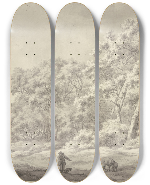 Triptych art skateboard deck of Franciscus Andreas Milatz Am Waldesrand Einige Schafe Vorn Zwei Hirten Und Ein Hund by Franciscus Andreas Milatz (1764-1808)