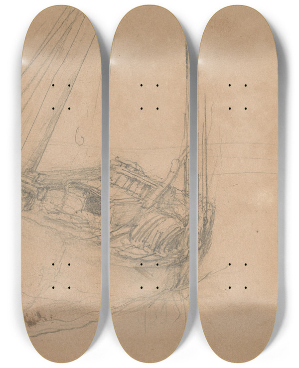 Triptych art skateboard deck of Clarkson Stanfield Study Of A Fishing Boat by Clarkson Stanfield (1793-1867)