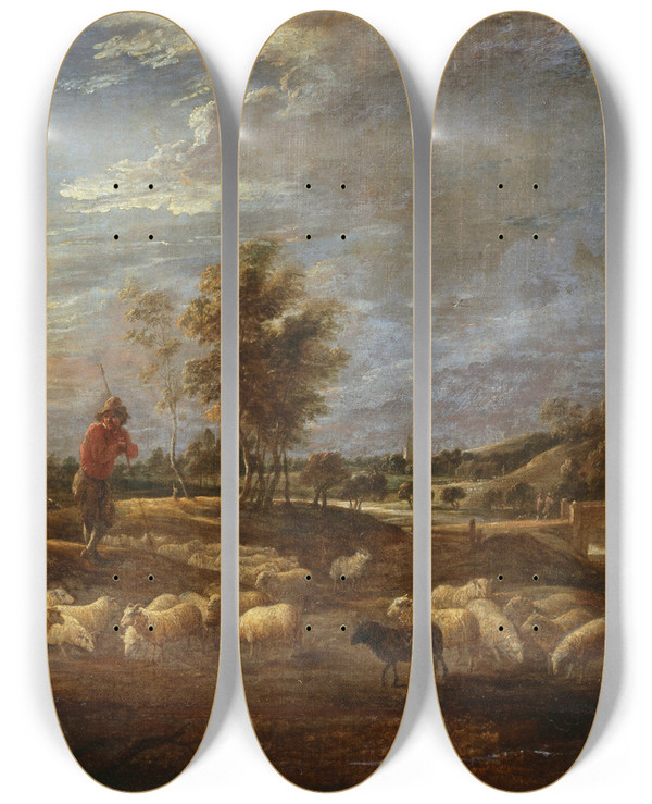 Triptych art skateboard deck of David Teniers The Younger Sunset Landscape With A Shepherd And His Flock by David Teniers The Younger (1610-1690)