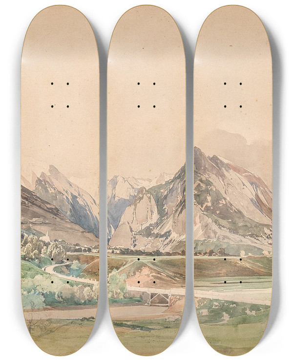 Triptych art skateboard deck of Thomas Ender Gegend Bei Flitsch by Thomas Ender (1793-1875)