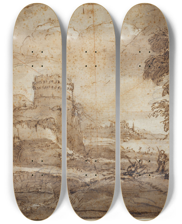 Triptych art skateboard deck of Claude Lorrain Landscape With A Round Tower And Bay by Claude Lorrain (1604-1682)