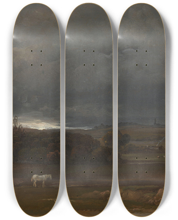 Triptych art skateboard deck of Johan Christian Dahl Fields Near Dresden With A White Horse by Johan Christian Dahl (1788-1857)