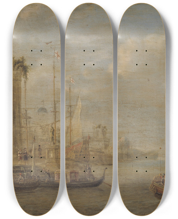Triptych art skateboard deck of Jacobus Storck Harbour Scene With Antique Ruins by Jacobus Storck (1641-1687)