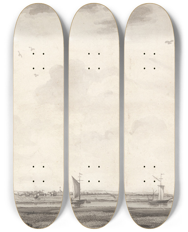 Triptych art skateboard deck of Bernard Lens Iii Shipping In An Estuary by Bernard Lens Ii (1682-1740)