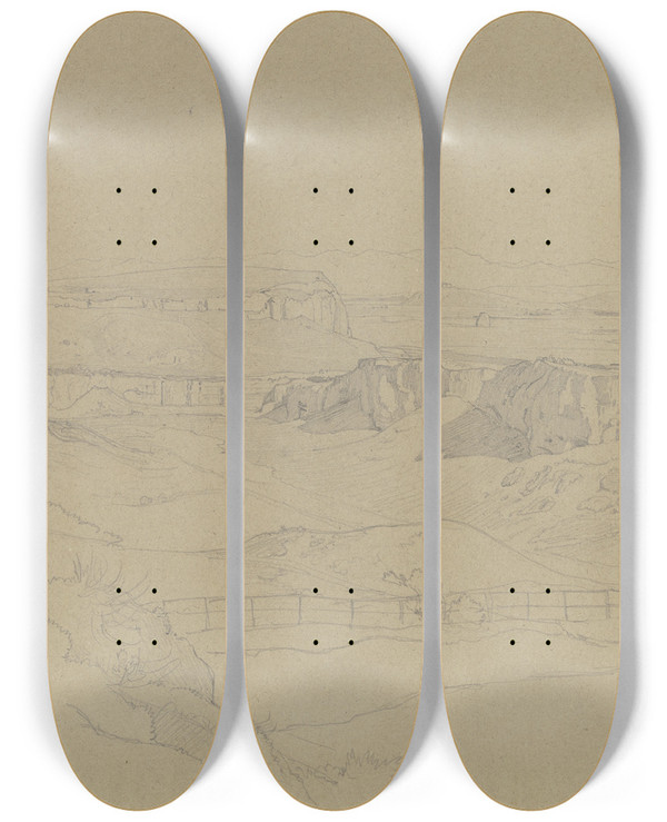 Triptych art skateboard deck of Johann Wilhelm Schirmer Ausblick Ber Eine Karstlandschaft In Der Rmischen Campagna by Johann Wilhelm Schirmer (1807-1863)