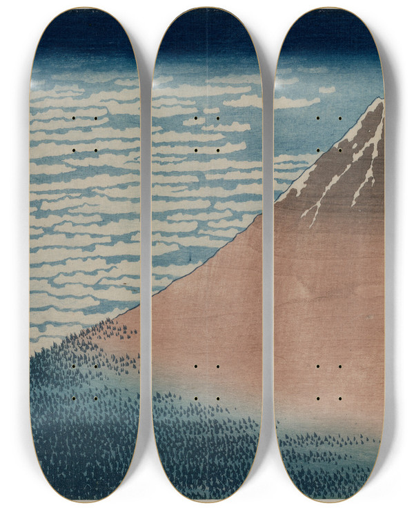 Triptych art skateboard deck of Katsushika Hokusai South Wind Clear Sky From The Series Thirtysix Views Of Mount Fuji by Katsushika Hokusai (1760-1849)