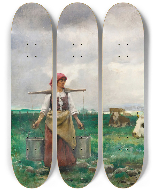 Triptych art skateboard deck of Julien Dupr The Milkmaid by Julien Dupre (1851-1910)