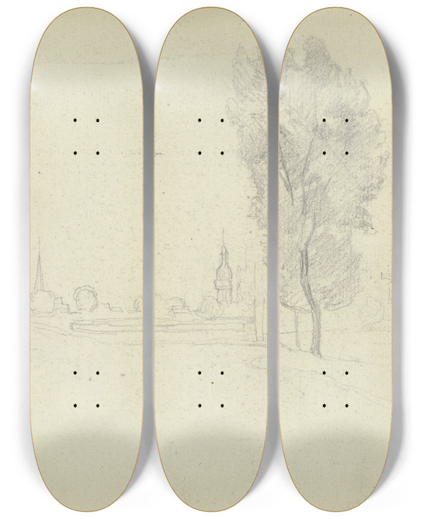 Triptych art skateboard deck of Otto Scholderer Stadt Mit Windmhle Und Baumreihe_2 by Otto Scholderer (1834-1902)