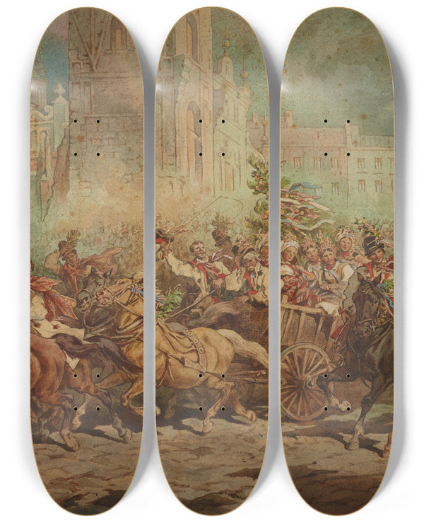 Triptych art skateboard deck of Juliusz Kossak Krakow Wedding Procession Riding In Front Of The Emperor On The Main Market Square In Krakow by Juliusz Kossak (1824-1899)