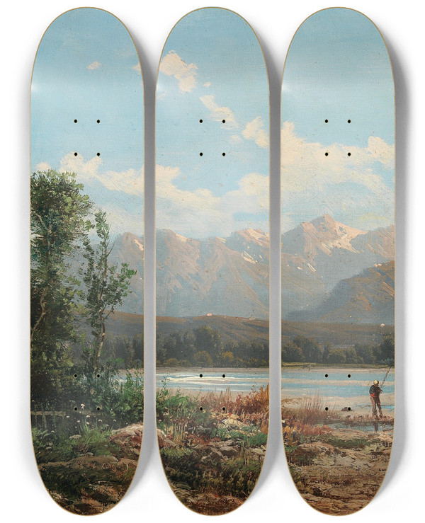 Triptych art skateboard deck of Alfred Godchaux A Mountainous Lake Landscape With Fisherman by Alfred Godchaux (1835-1895)
