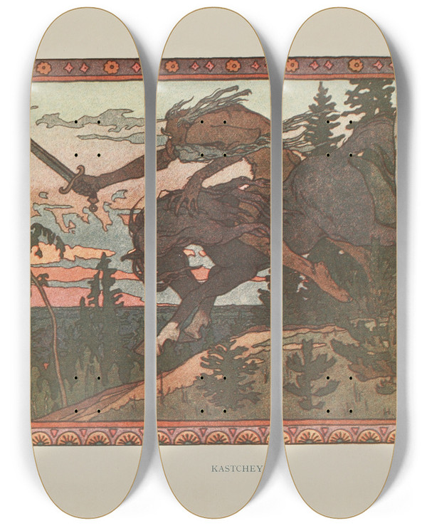 Triptych art skateboard deck of Ivan Bilibin Kastchey by Ivan Bilibin (1876-1942)