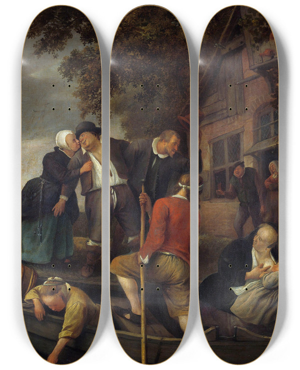 Triptych art skateboard deck of Jan Steen The Merry Homecoming_1 by Jan Steen (1626-1679)