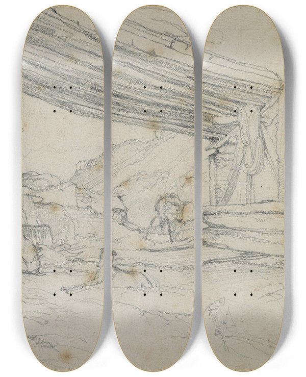 Triptych art skateboard deck of John Frederick Lewis In Toledo by John Frederick Lewis (1805-1876)