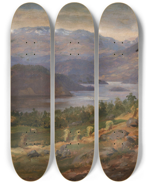 Triptych art skateboard deck of Siegwald Dahl Hjelle In Valdres by Siegwald Dahl (1827-1902)