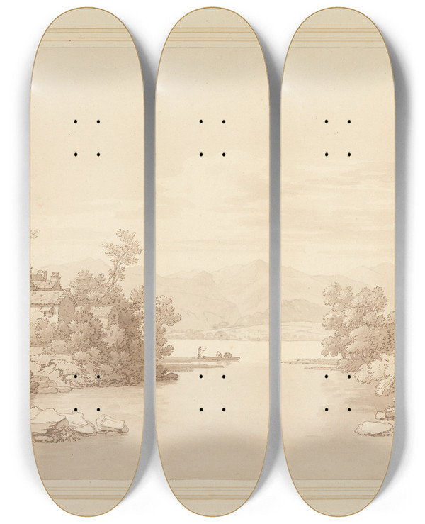 Triptych art skateboard deck of Joseph Farington Pooley Bridge by Joseph Farington (1747-1821)