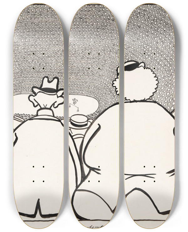 Triptych art skateboard deck of Robert Storm Petersen En Sportsmand by Robert Storm Petersen (1882-1949)