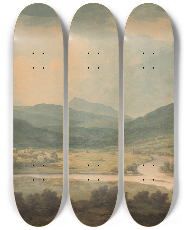 Triptych art skateboard deck of John Warwick Smith The Junction Of Lyon And Tay by John Warwick Smith (1749-1831)