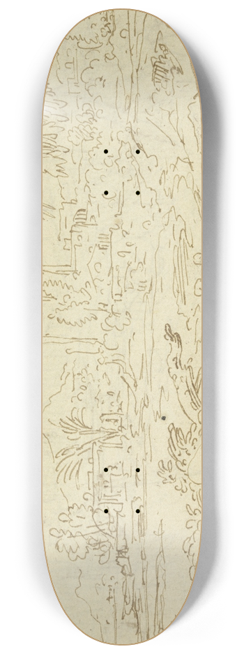 Abraham Genoels II - Landschaft mit Gebuden, im Vordergrund Felsstcke und zwei nur halb sichtbare Figuren 8.25 inch art skate deck