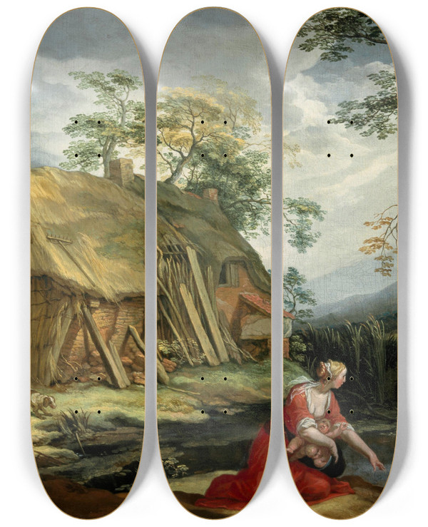 Triptych art skateboard deck of Abraham Bloemaert Latona And The Lycian Peasants by Abraham Bloemaert (1564-1651)