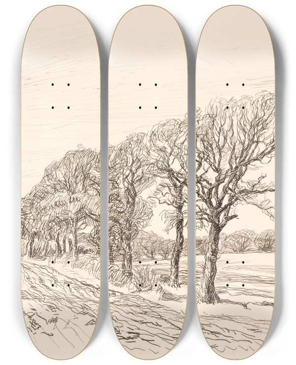 Triptych art skateboard deck of Fritz Syberg Landskab Med Egetrer Fns by Fritz Syberg (1862-1939)