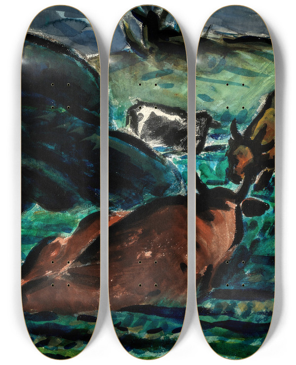 Triptych art skateboard deck of Louis Wiesenberg Cows Reclining_1 by Louis Wiesenberg (1893-1943)