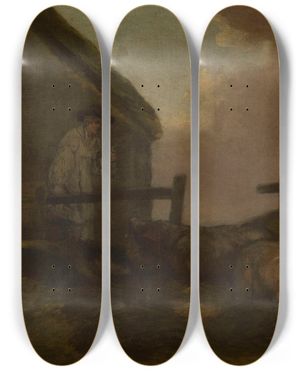 Triptych art skateboard deck of George Morland Swineherd by George Morland (1763-1804)