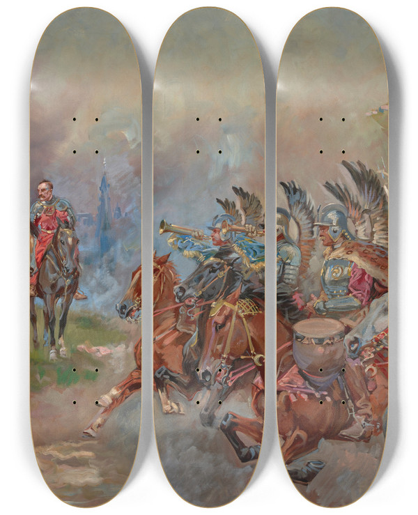 Triptych art skateboard deck of Wojciech Kossak Polish Hussars Parading In Front Of King John Iii Sobieski by Wojciech Kossak (1857-1942)
