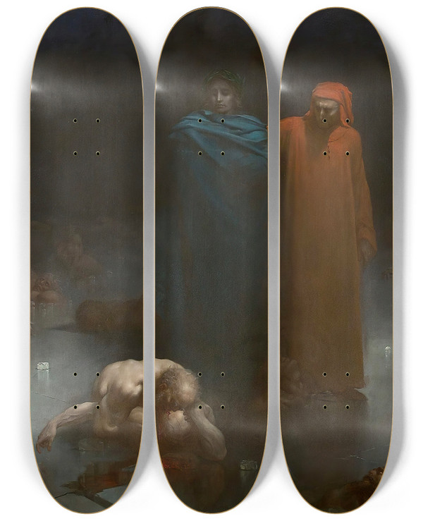 Triptych art skateboard deck of Gustave Dor Dante And Virgil In The Ninth Circle Of Hell by Gustave Dore (1832-1883)