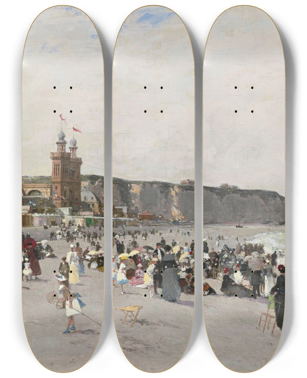 Triptych art skateboard deck of Luigi Loir View Of The Beach And Casino At Dieppe by Loir Luigi (1845-1916)