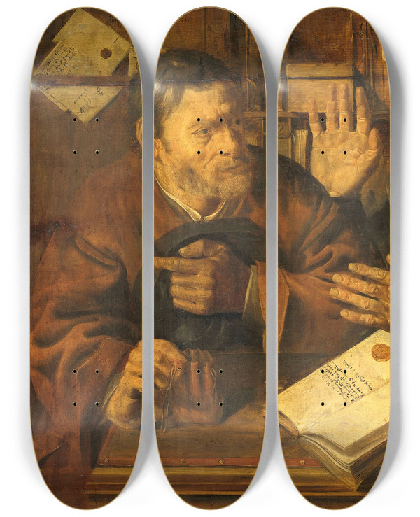 Triptych art skateboard deck of Jan Woutersz Stap Office Of The Notary Intendants Office by Jan Woutersz Stap (1599-1663)