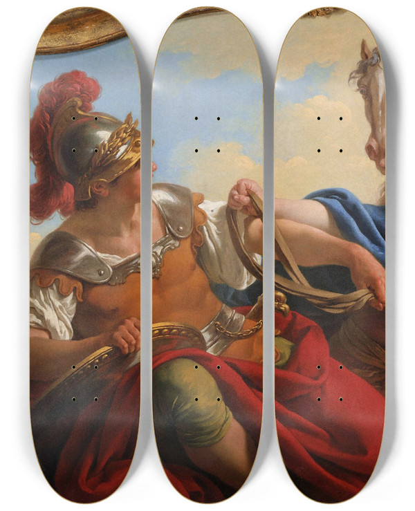 Triptych art skateboard deck of Louisjeanfranois Lagrene Bellona Presenting The Reins Of His Horses To Mars by Louis-Jean-Franois Lagrene (1724-1805)