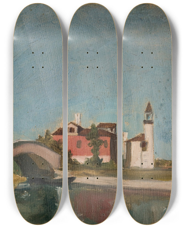Triptych art skateboard deck of Stanisaw Von Chlebowski Oriental Landscape_1 by Stanislaw Chlebowski (1835-1884)