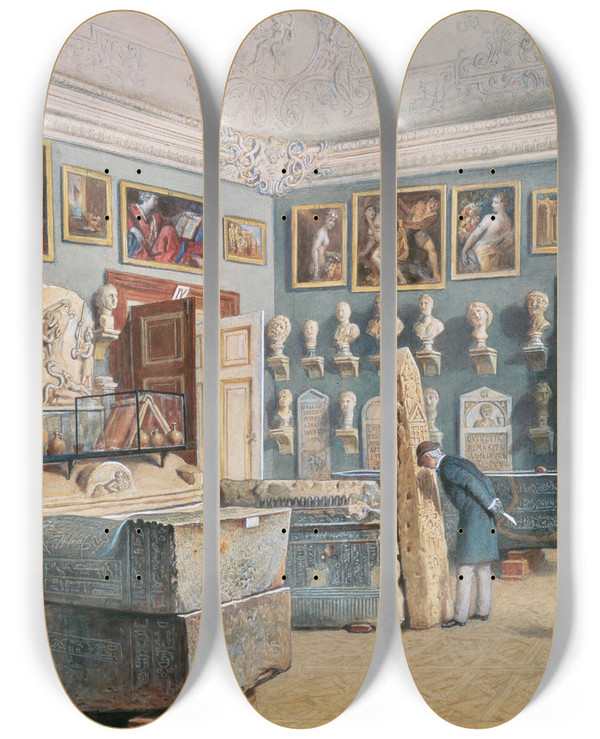 Triptych art skateboard deck of Carl Goebel The Younger Das Zimmer Mit Dem Mithras Und Den Gyptischen Sarkophagen by Carl Goebel The Younger (1824-1899)