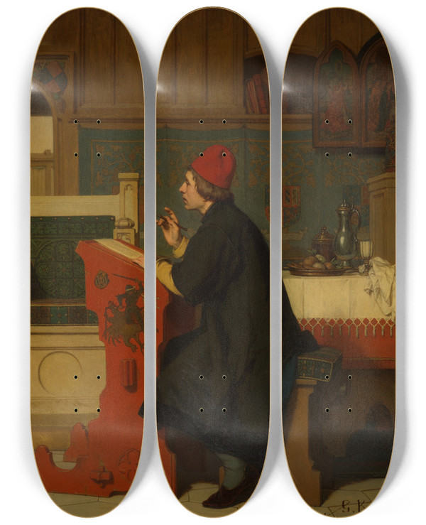 Triptych art skateboard deck of Guillaume Koller Hugo Van Der Goes Painting The Portrait Of Mary Of Burgundy by Guillaume Koller