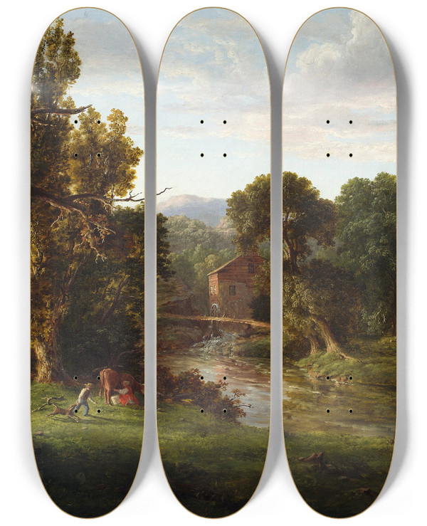 Triptych art skateboard deck of George Inness The Old Mill by George Inness (1825-1894)