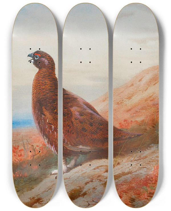 Triptych art skateboard deck of Archibald Thorburn The Challenge by Archibald Thorburn (1860-1935)