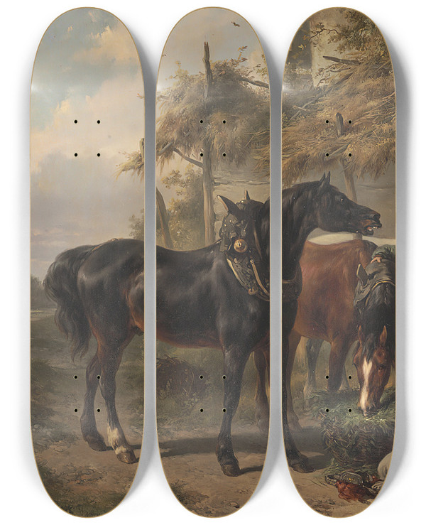 Triptych art skateboard deck of Wouterus Verschuur Horses Outside A Stable by Wouterus Verschuur (1812-1874)