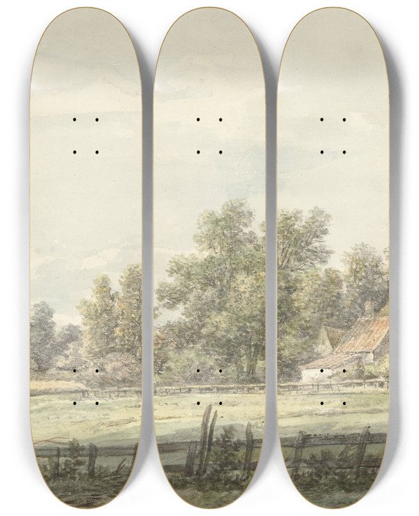 Triptych art skateboard deck of Jan Hulswit Landschap Met Boerderij by Jan Hulswit (1766-1822)