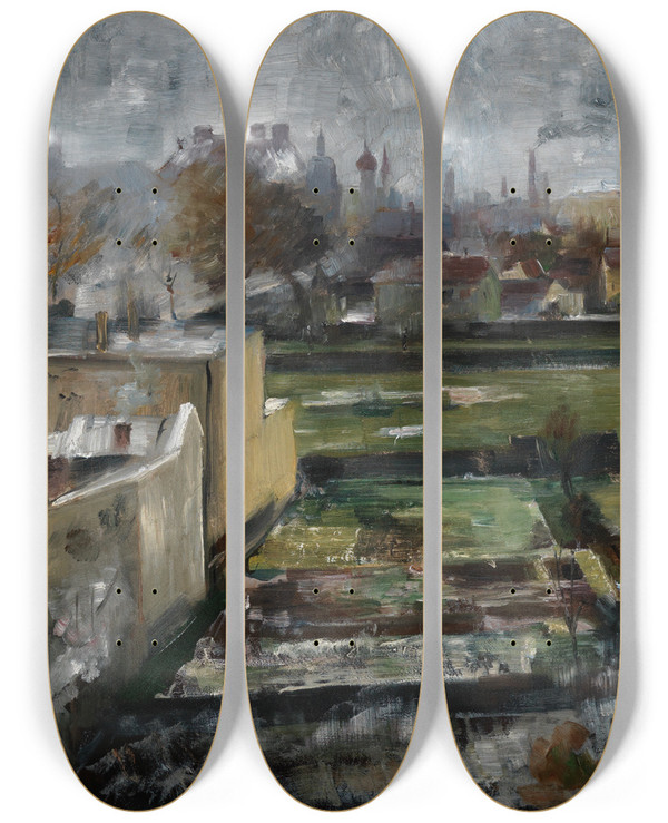 Triptych art skateboard deck of Lovis Corinth Blick Aus Mnchner Atelier by Lovis Corinth (1858-1925)