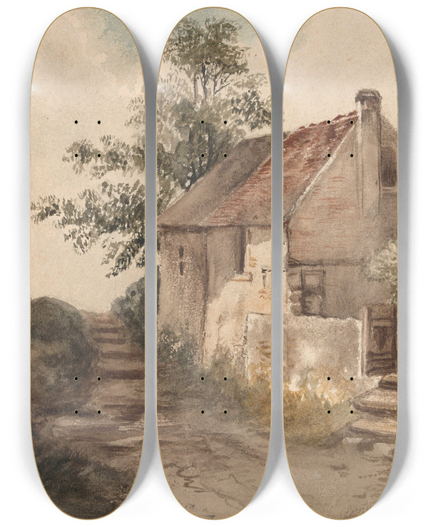 Triptych art skateboard deck of Nicaise De Keyser Landscape With A House by Nicaise De Keyser (1813-1887)