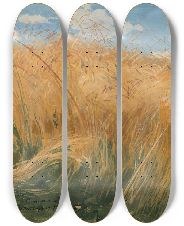 Triptych art skateboard deck of Wodzimierz Tetmajer Kosy Field And Cereal Studies by Wlodzimierz Tetmajer (1861-1923)