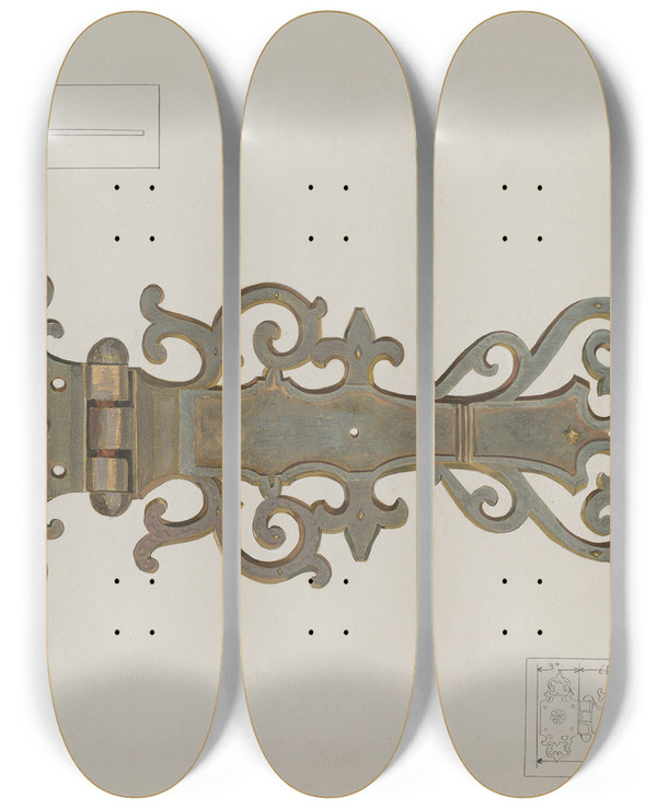 Triptych art skateboard deck of Verna Tallman Hinge by Verna Tallman