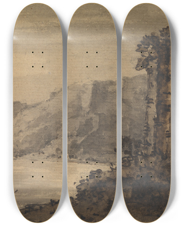 Triptych art skateboard deck of William Gilpin Classical Landscape With Two Figures On Lake Shore by William Gilpin (1724-1804)