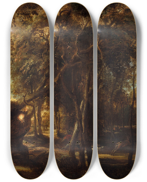 Triptych art skateboard deck of Peter Paul Rubens A Forest At Dawn With A Deer Hunt by Peter Paul Rubens (1577-1640)