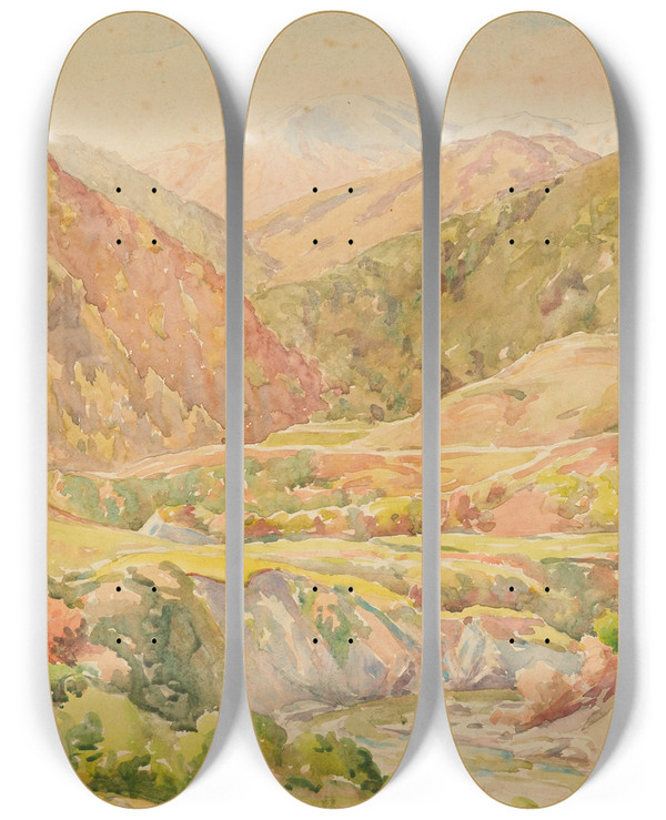 Triptych art skateboard deck of Roland Hipkins Untitled Landscape With Mountains by Roland Hipkins (1894-1951)